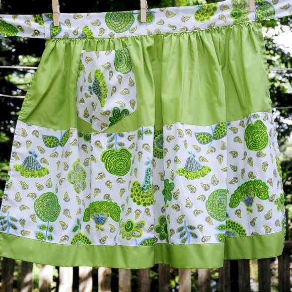 VTG Olive Green Paisley & Floral Print Cotton Apron